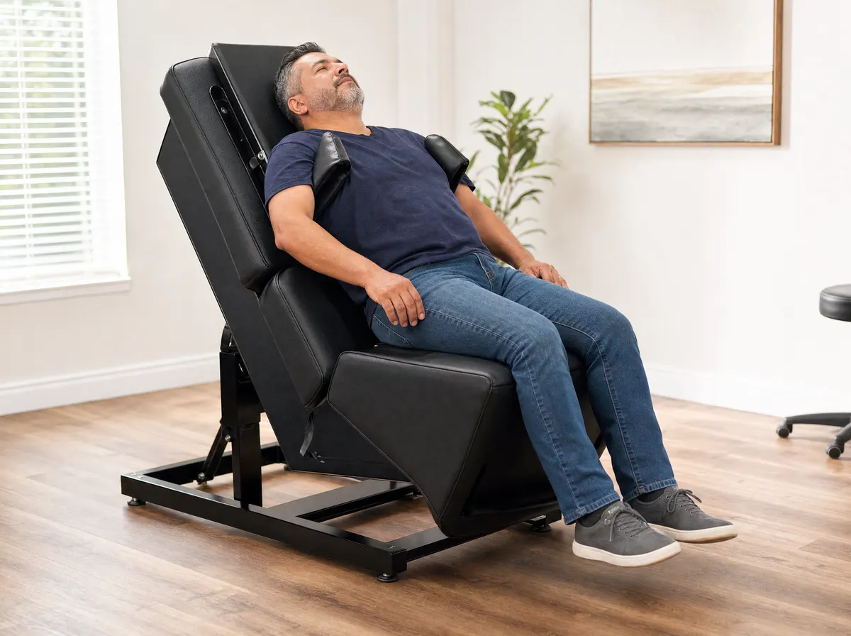 Paciente sentado cómodamente en el sillón de descompresión espinal Back on Trac en Caldero Chiropractic